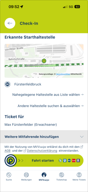 Screen-Shot der MVV-APP für Smartphones zeit Kartenausschnitt und Buchungsmöglichkeiten.