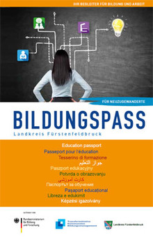 Grafik: Titelseite des Bildungspasses zeigt Frau vor Schultafel
