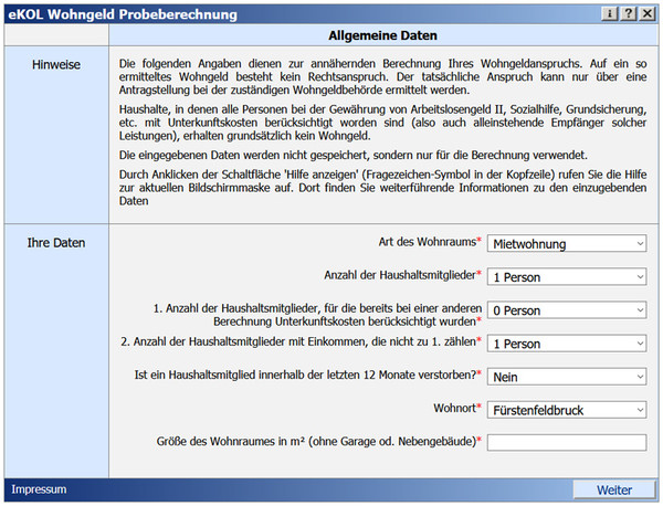 Screenshot von der Anwendung mit Link zur Wohngeld Probeberechnung